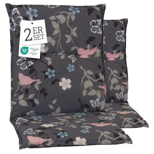 beo Niedriglehner Auflagen 2er Set UV-beständig Barcelona | Made in EU nach Öko-Tex Standard | Waschbare Stuhlauflage Niedriglehner | Atmungsaktive Auflagen Niedriglehner mit Blumen- & Vogel-Muster von Beo