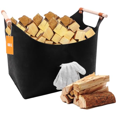 Holzkorb für Kaminholz, Kaminholzkorb mit Holzgriff Filzkorb extra dicker Filz, Kaminholzkorb für Feuer Kamin Brennholz, Filz Tasche Korb für Holz faltbar Transport & Aufbewahrung (XXL,Schwarz) von Beoguy