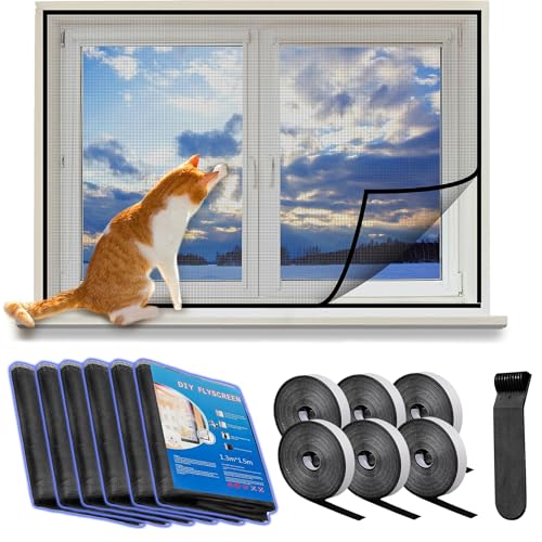 Beojonvy 6 Stück Fliegengitter für Fenster 130x150cm Insektenschutz Fenster mit Klettband Selbstklebend Moskitonetze für Fenster Schützen die Familie vor Insekten Schwarz von Beojonvy