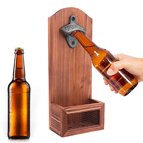 Beowanzk Flaschenöffner Wand aus Holz mit Auffangbehälter,Wandflaschenöffner Retro Gusseisen,Korkenzieher Wandmontage,Bieröffner Wand,Kapselheber Wand,Wall Mounted Bottle Opener,Bier Offner von Beowanzk