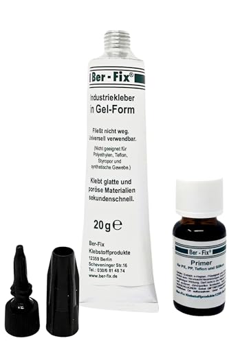 Ber-Fix Industriekleber Gel transparent 20g Sekundenkleber Gel Extra Stark nicht tropfend universal wasserfest SET | 15 ml Primer für PP PE PTFE (Teflon) Silikon PVC ABS GFK Metall Stein Ber-Fix Industriekleber Gel transparent 20g Sekundenkleber Gel Extra Stark nicht tropfend universal wasserfest SET | 15 ml Primer für PP PE PTFE (Teflon) Silikon PVC ABS GFK Metall Stein von Ber-Fix