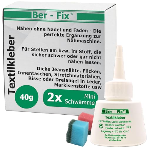Ber-Fix Textilkleber 40g Waschbar bis 95°C, extra stark & flexibel! Ideal für Reparaturen an Naturfasern & Mischgewebe perfekt für Kleidung & Heimtextilien! von Ber-Fix