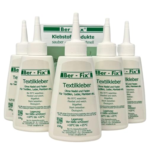 Ber-Fix Textilkleber 5x 150g Starker Stoffkleber für Baumwolle, Leinen & Leder, Waschbar, Flexibel, DIY Reparaturen von Ber-Fix