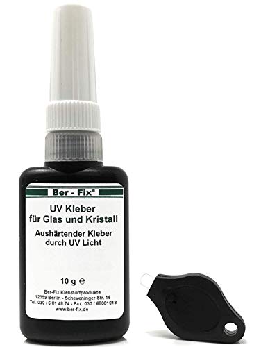 Ber-Fix UV Kleber mit Lampe Set DER Glaskleber für Glas Glas und Glas Metall 10g niedrigviskos 50mPas spaltfüllend bis 0,10 mm mit UV Lampe klein von Ber-Fix