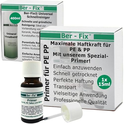 Ber-Fix 15ml Primer für PE, PP, Silikon und Teflon + 400ml Universal Schnellreiniger Vielseitiger Haftvermittler für Industriekleber, Sekundenkleber, 2K Kleber und mehr Schnelle von Ber-Fix
