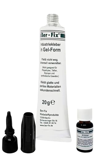 Ber-Fix Industriekleber Gel transparent 20g Sekundenkleber Gel Extra Stark nicht tropfend universal wasserfest SET | 5 ml Primer für PP PE PTFE (Teflon) Silikon PVC ABS GFK Metall Stein von Ber-Fix