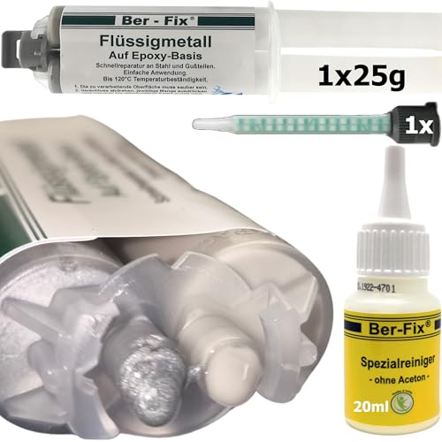 Ber-Fix 2K Flüssigmetall 25g + Spitze & 20g Spezialreiniger, hitzebeständig bis 120°C, Metallkleber & Metallspachtel, ideal für Metallreparaturen von Ber-Fix
