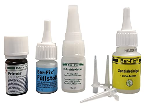 Ber-Fix Schweißnaht-Set S Primer & Füllstoff für Kunststoff, PVC, ABS, GFK, Metall, PE, PP, Silikon 10g Kleber + 15g Granulat, 5ml Primer, 20g Reiniger Inkl. 3 Spitzen von Ber-Fix