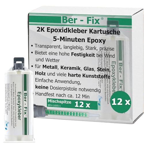 Ber-Fix 2K Epoxidharz Kleber 30 Min – Starker 2-Komponenten-Kleber für Kunststoff, Metall, Holz, Glas, Stein, Beton 12x 50g Kartusche von Ber-Fix
