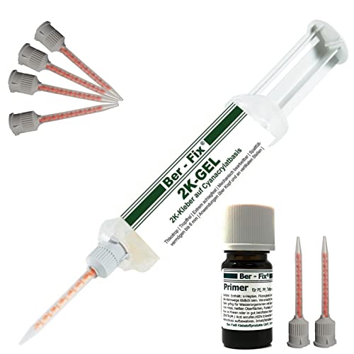 Ber-Fix 2K Gel Sekundenkleber mit Primer für PE, PP, Silikon, Teflon - Transparent, 6 Min. Aushärtung, inkl. 13 Spitzen von Ber-Fix