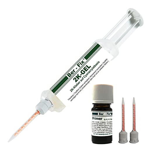 Ber-Fix 2K Gel Sekundenkleber mit Primer für PE, PP, Silikon, Teflon - Transparent, 6 Min. Aushärtung, inkl. 3 Spitzen von Ber-Fix