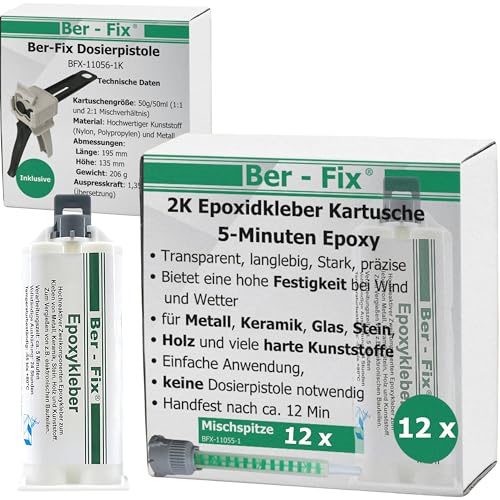 Ber-Fix 5 Min Epoxidharz Kleber EXPRESS 12x 50g Kartusche + Pistole 2k Kleber echter Epoxy Kleber 2 Komponenten Kleber Kunststoff Metall Glas Stein Beton Holz von Ber-Fix