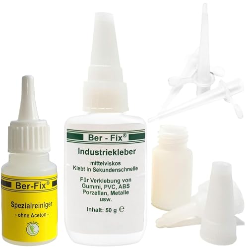 Ber-Fix Industriekleber mittelviskos (100 mPas) 50g leicht dickflüssig + Reiniger & Fein Spitzen universell einsetzbar für Industrie und Heimwerker extra stark für Kunststoff Metall Holz PVC von Ber-Fix