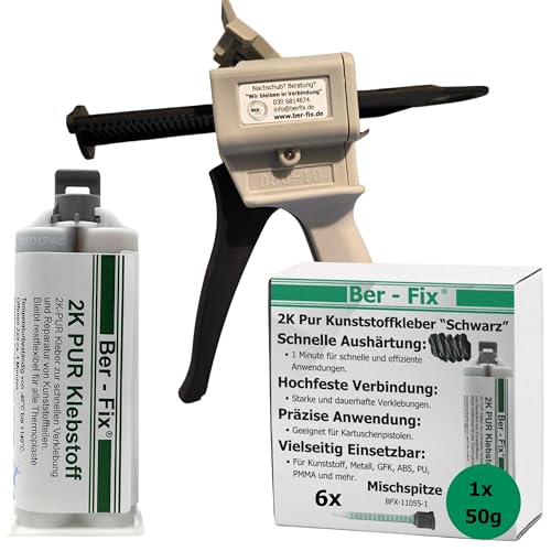 Ber-Fix Stoßstange Reparatur 2K PUR 60Sek. SCHWARZER Kunststoffkleber 2K Kleber Kunststoff-Reparatur 50g Kartusche 1:1 + Pistole + 5 Spitzen von Ber-Fix