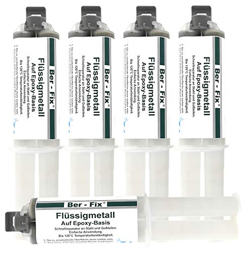 Ber-Fix 2K Flüssigmetall 5x 25g + 5 Spitzen, hitzebeständig bis 120°C, starker Metallkleber & Metallspachtel, ideal für Metallreparaturen von Ber-Fix