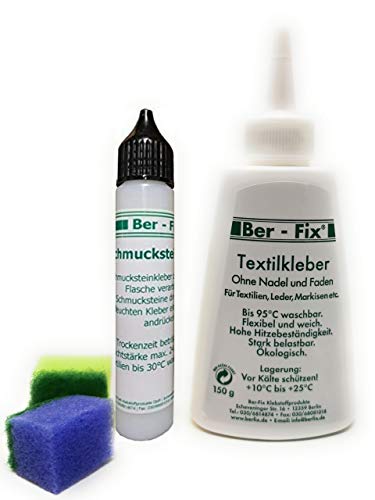 Ber-Fix Kleber-Set für Profis: 150 g Textilkleber für Bekleidung & Stoffe Kochfest & Flexibel, Plus 30 g Schmucksteinkleber für Reparatur & Dekoration auf Stoff, Textilien, Papier bis Stein von Ber-Fix