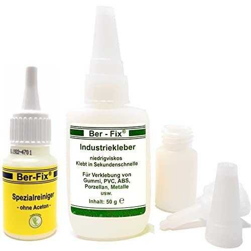 Ber-Fix Industriekleber Extra Stark Kunststoff 50g Sekundenkleber Set| Reiniger - Für Metall, Kunststoff, Holz, Keramik - Wasserdicht, Hitzebeständig, Transparent Optimale & Dauerhafte Verbindungen von Ber-Fix
