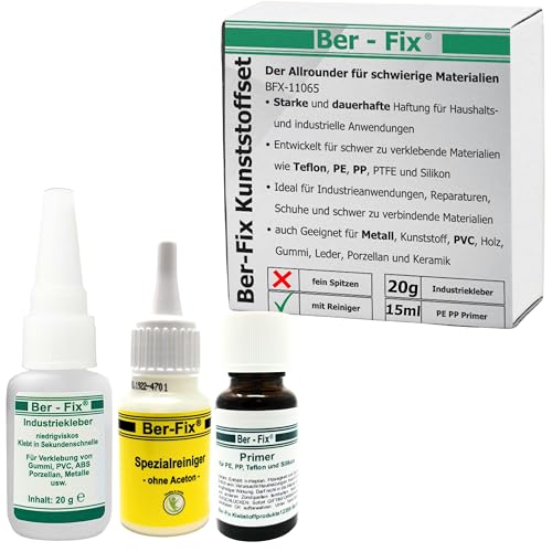 Ber-Fix Kunststoff Set M + Reiniger Set aus Industriekleber Ihr Neuer Sekundenkleber extra stark + Primer für PE PP PTFE HDPE Silikon mit Holz Metall ABS GFK Porzelan von Ber-Fix