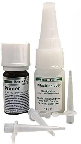 Ber-Fix Kunststoff Set S + 3 Spitzen Set aus Industriekleber Ihr Neuer Sekundenkleber extra stark + Primer für PE PP PTFE HDPE Silikon mit Holz Metall ABS GFK Porzelan von Ber-Fix