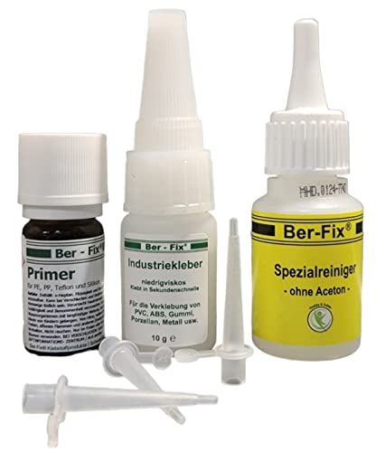 Ber-Fix Kunststoff Set S + 3 Spitzen + Reiniger Set aus Industriekleber Ihr Neuer Sekundenkleber extra stark + Primer für PE PP PTFE HDPE Silikon mit Holz Metall ABS GFK Porzelan von Ber-Fix