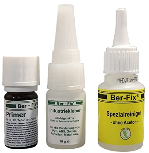 Ber-Fix Kunststoff Set S + Reiniger Set aus Industriekleber Ihr Neuer Sekundenkleber extra stark + Primer für PE PP PTFE HDPE Silikon mit Holz Metall ABS GFK Porzelan von Ber-Fix