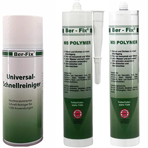 Ber-Fix MS Polymerkleber Weiss 2x Montagekleber extra stark Styroporkleber Steinkleber aussen frostsicher pvc kleber wasserfest klebt und dichtet / 400ml Schnellreiniger von Ber-Fix