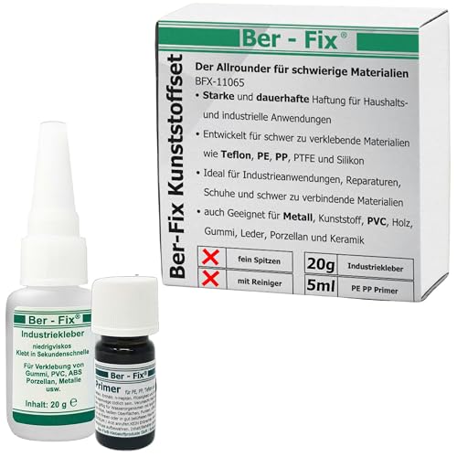 Ber-Fix Kunststoff Set M Set aus Industriekleber Ihr Neuer Sekundenkleber extra stark + Primer für PE PP PTFE HDPE Silikon mit Holz Metall ABS GFK Porzelan von Ber-Fix