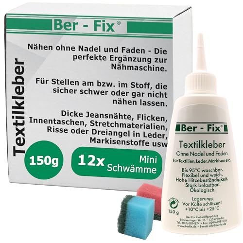 Ber-Fix Textilkleber 150g: Kleben statt Nähen! Waschbar 95°C, Flexibler Stoffkleber inkl. 12 Schwämmen (2+10 Mini) für DIY Reparaturen von Ber-Fix