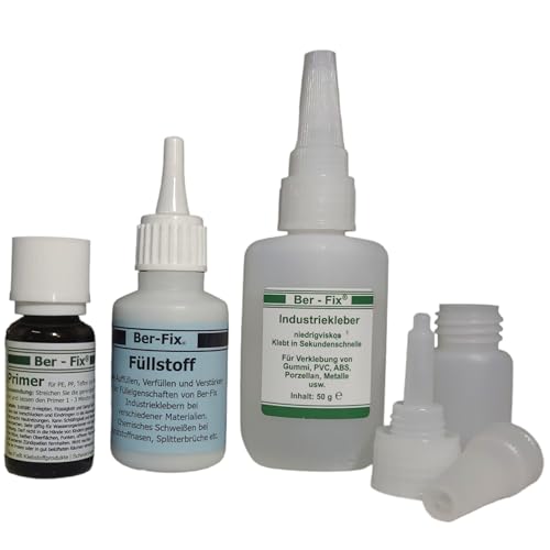 Ber-Fix Schweißnaht-Set L Primer & Füllstoff für Kunststoff, PVC, ABS, GFK, Metall, PE, PP, Silikon 50g Kleber + 60g Granulat, 15ml Primer von Ber-Fix