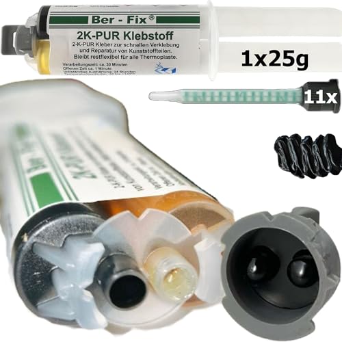 Ber-Fix 2K PUR 25g Schwarz – Schneller 2K-Kunststoffkleber mit 11 Mischspitzen für schnelle und starke Verklebungen, perfekte Reparaturlösung für schwarze Kunststoffteile von Ber-Fix