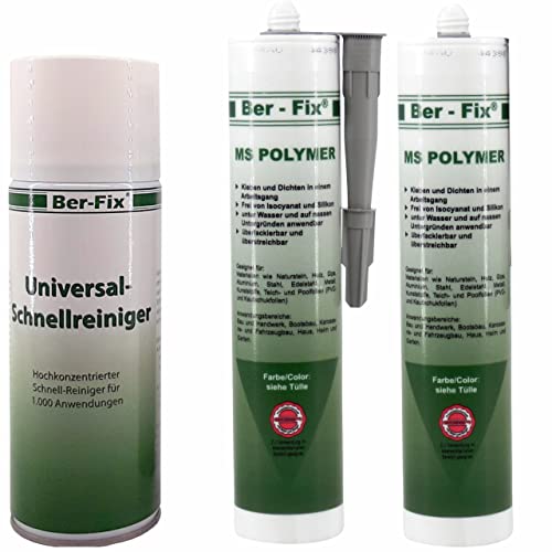 Ber-Fix 2x MS Polymer Kleber Grau Steinkleber aussen frostsicher Betonkleber Baukleber Montagekleber Aussenbereich, Aluminium Kleber, dauerhafter als Ihr Silikonkleber + Schnellreiniger 400 ml von Ber-Fix