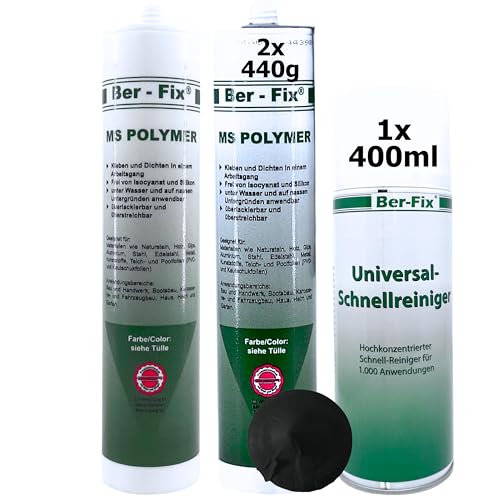 Ber-Fix MS Polymer Schwarz 2x 440g + 400ml Schnellreiniger – Wasserfester Kleber für Teich, Boot & Karosserie – Sicher für Fische & Amphibien von Ber-Fix