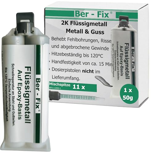 Ber-Fix 50g Flüssigmetall + 10 Spitzen, hitzebeständig, 2 Komponenten Kleber, Metallkleber, Metallspachtel, Kaltmetall, 120°C von Ber-Fix