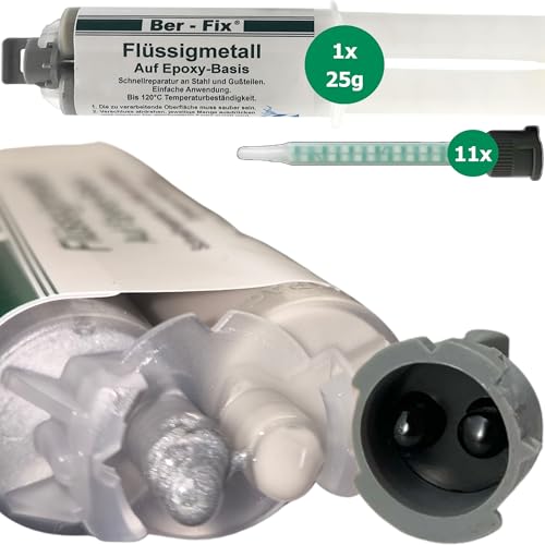 Ber-Fix 2K Flüssigmetall 25g + 11 Spitzen, hitzebeständig bis 120°C, starker Metallkleber & Metallspachtel, ideal für Metallreparaturen, schnelles Aushärten, vielseitig einsetzbar von Ber-Fix