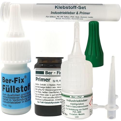 Ber-Fix Schweißnaht-Set XS Primer & Füllstoff für Kunststoff, PVC, ABS, GFK, Metall, PE, PP, Silikon 5g Kleber + 15g Granulat, 5ml Primer von Ber-Fix