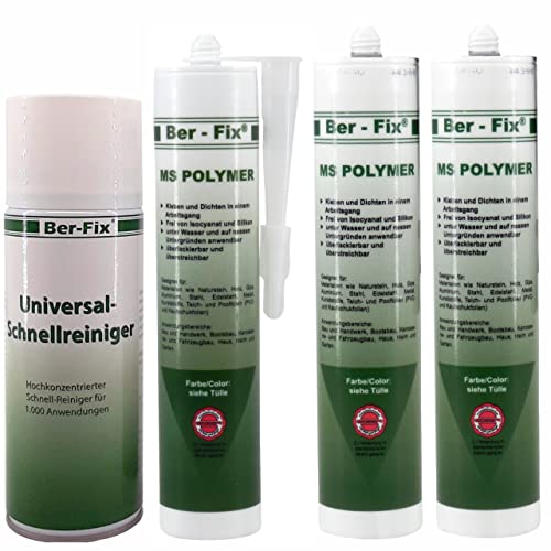 Ber-Fix MS Polymerkleber Weiss 3x Montagekleber extra stark Styroporkleber Steinkleber aussen frostsicher pvc kleber wasserfest klebt und dichtet / 400ml Schnellreiniger von Ber-Fix