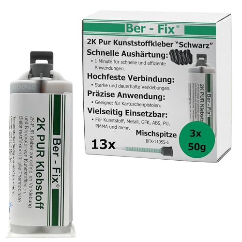 Ber-Fix Stoßstange Reparatur 2K PUR 60Sek. SCHWARZER Kunststoffkleber 2K Kleber Kunststoff-Reparatur 3x 50g Kartusche 1:1 + 10 Spitzen von Ber-Fix