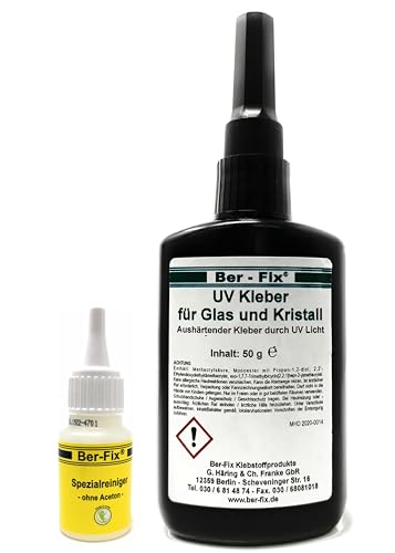 Ber-Fix UV Kleber Glaskleber für Glas Glas und Glas Metall 50g Gel 2500 mPas gleicht auch kleine Unebenheiten aus + Reiniger von Ber-Fix