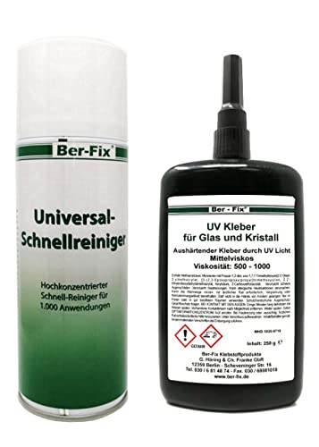 Ber-Fix UV Kleber DER Glaskleber für Glas Glas und Glas Metall 250g mittelviskos 500 mPa.s + 400ml Universal Schnellreiniger von Ber-Fix