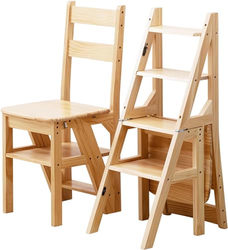 Massivholzfaltungsbibliothek Leiter Stuhl Stufe Leitern Schritt Stuhl Falten Sie 4-Stufe Hocker Dual Purpose Stepladders 4-Stufen-Stieg Stufe Display Ständer Blumenständer (Farbe: Primärfarbe) von Berasmocxy