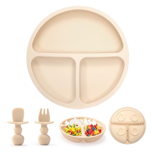 Silikon Geteilte Baby Teller BPA-frei Babyteller Rutschfest Kleinkind Tischset mit Saugnapf Silikon Kinderteller mit Babylöffel Gabeln Spülmaschinen und Mikrowellengeeignet Beige von Berdakon