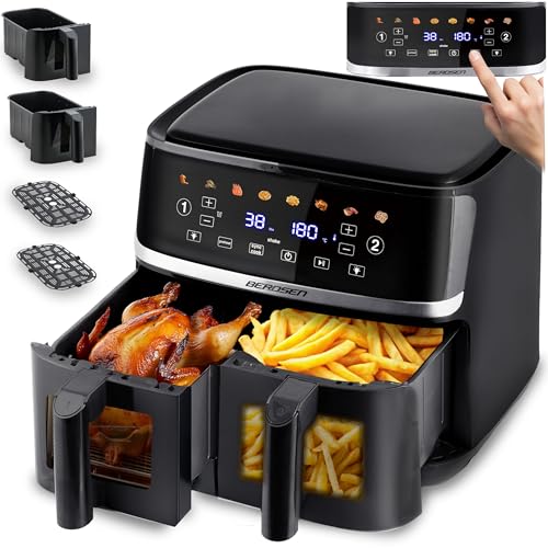 Berdsen Heißluftfritteuse XXL 10,2L Doppelkammer - Airfryer mit 2 Sichtfenstern und Touchscreen - 1700W - 8 Programme - Spülmaschinengeeignet von Berdsen