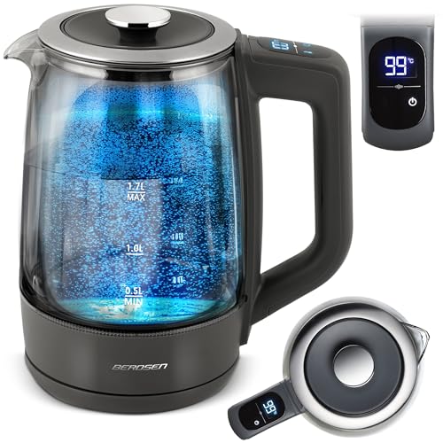 Berdsen Wasserkocher Mit Temperatureinstellung Glas Borosilikatglas 1,7 L Warmhaltefunktion Touchpanel Temperaturanzeige Innenbeleuchtung Grau von Berdsen