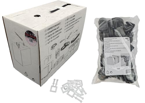 Berger & Schröter | Bundle Umreifungsset (600 m PP-Umreifungsband + 200 Kunststoffklammern) + 100er Pack Kantenschutzecken Umreifung von Paletten, Kartons, Waren mit Kantenschutz von Berger + Schröter GmbH