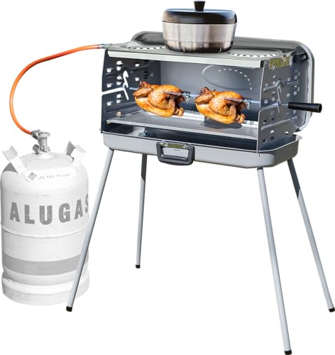 BERGER Camping Gasgrill Klappbar | Tragbarer Koffergrill mit 3 Brenner | 50 mbar für schnelles Kochen | 3 Kochstellen & ein Grillspieß inklusive | Für das ultimative Grillvergnügen von BERGER