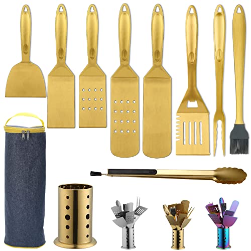 Berglander Gold Grill Zubehör, Edelstahl Titan-Vergoldung BBQ Grillbesteck Set 10 teiliges mit einem Utensilienhalter, Edelstahlgriff, kein Schmelzen, kein Ablösen und hitzebeständig von Berglander