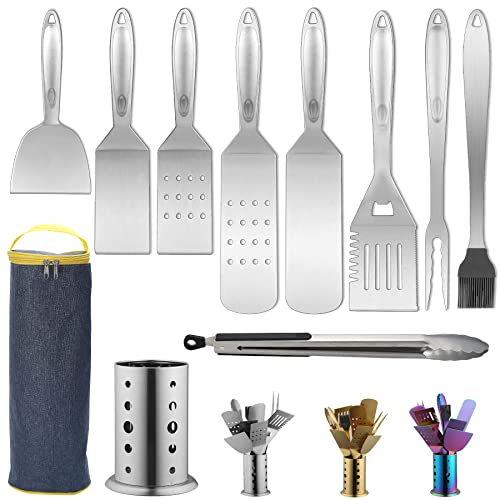 Berglander Grill Zubehör, Edelstahl BBQ Grillbesteck Set 10 teiliges mit einem Utensilienhalter, Edelstahlgriff, kein Schmelzen, kein Ablösen und hitzebeständig von Berglander