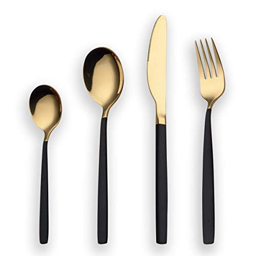 Berglander 24 Stück Titan Besteck Set, Griff mit goldenen Mund Besteck Set, schwarz und golden Besteck Service für 6 (schwarz, Golden) von Berglander