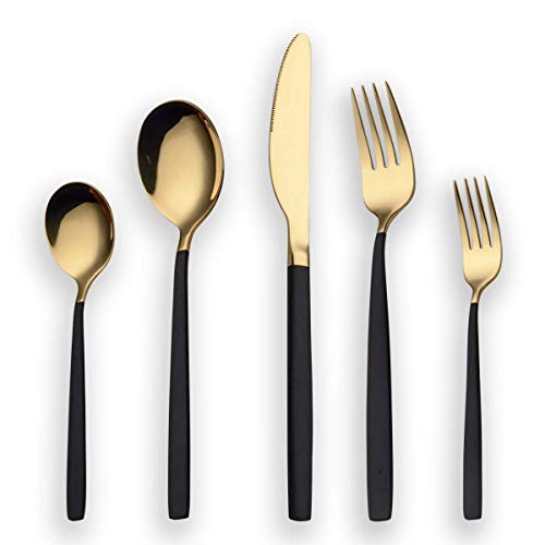 Berglander 30 Stück Titan schwarz Besteck Set, schwarzer Griff mit goldenen Mund Besteck Set, schwarz und golden Besteck Service für 6 (schwarz, Golden) von Berglander