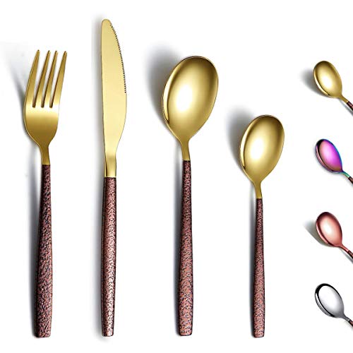 Berglander Besteck Set 24 Stück mit Mondoberfläche Griff und glänzendem Goldmund Titanbeschichtung, Edelstahl Modernes Besteckset Utensilien Set Service für 6 von Berglander